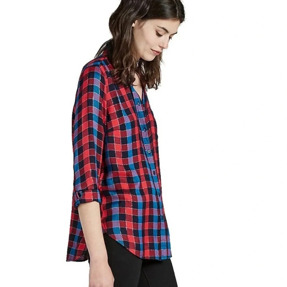 NWT Lucky Brand Red Blue Twill Plaid Casual Buttoned Down Relaxed Fit Shirt XL - Picture 2 of 15
